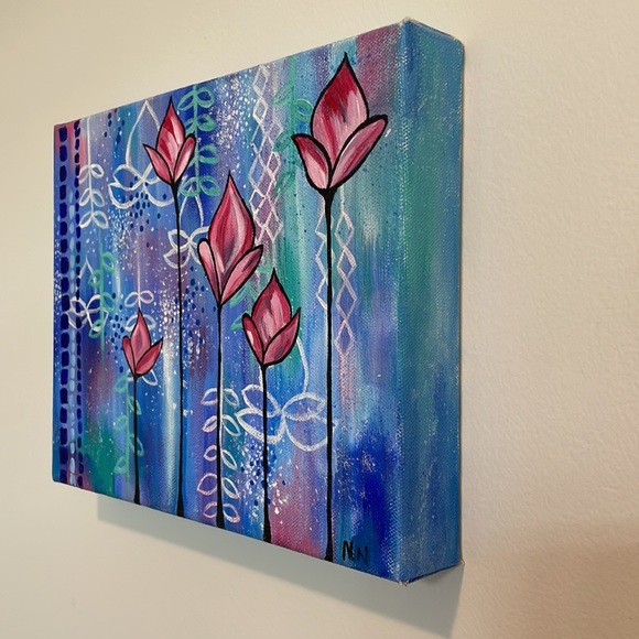 Tulip Lotus Blue Original 8x10 Painting Wall Art - Picture 4 of 5